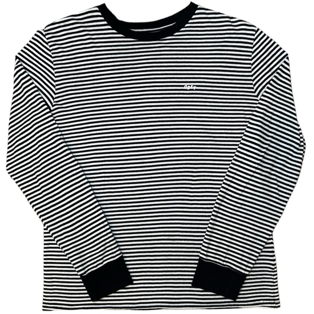 Obey Men's Black Striped Long Sleeve Tee Cotton Streetwear Shirt Size Small